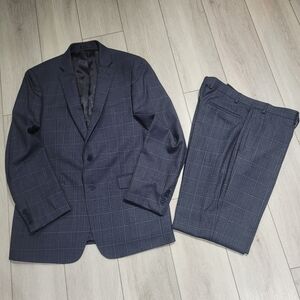 Calvin Klein Men's 100% Wool Windowpane Suit Blazer & Trousers 42L Blue Tailored